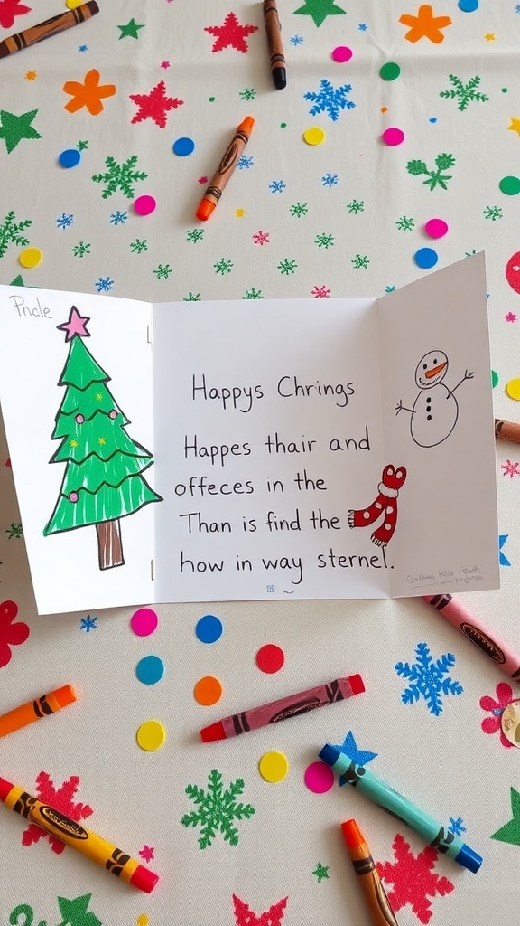 A handmade Christmas card decorated with drawings and stickers, showcasing children